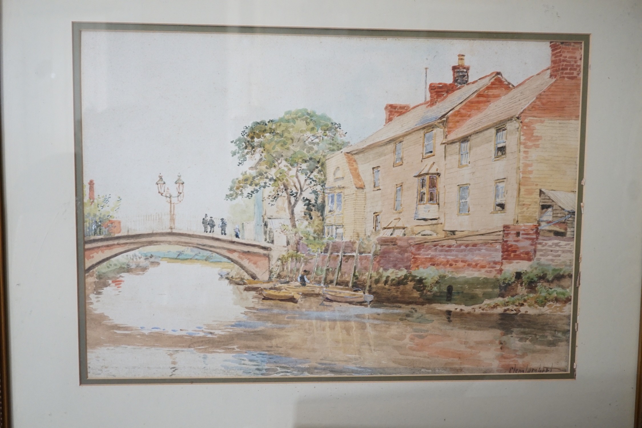 Clem Lambert (1855-1925), watercolour, 'Cliffe Bridge, Lewes', signed, 36 x 52cm, and Howard Gaye, watercolour, 'Southover High Street, Lewes', 26 x 36cm